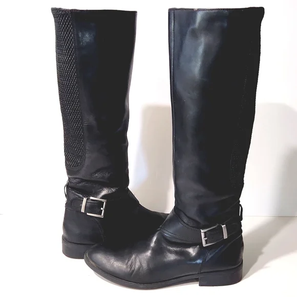 Clarks Pita Dakota Black Leather Riding Moto Buckle Zip Tall Boots Size 9.5 - Picture 1 of 13
